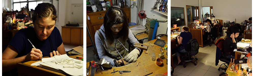 Classmates are creating jewelry and metal arts.