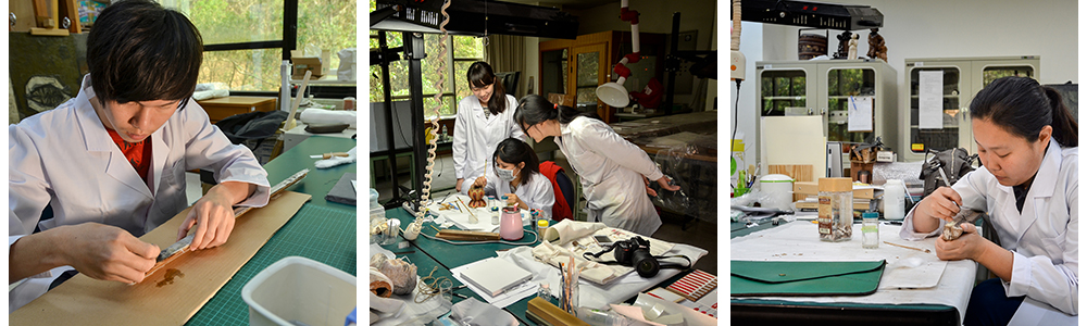 Classmates are repairing oil painting and wooden artifacts.